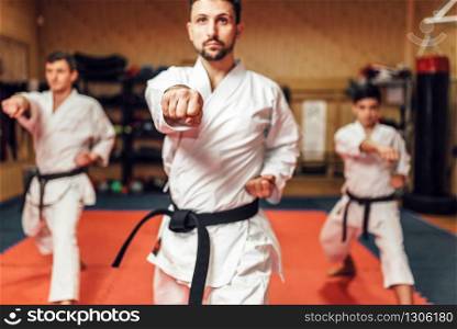 Martial arts karate fighters, master and his disciples in white kimono and black belts hone their skills, fight training in action, workout in gym. Martial arts fighters hone their skills