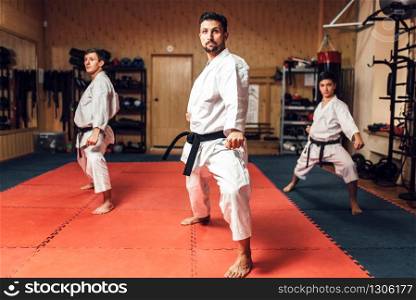 Martial arts karate master and his disciples in white uniform and black belts, fight training in action, workout in gym. Martial arts, fight training in action