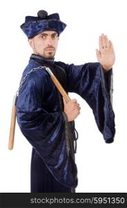 Martial arts master with nunchucks on white