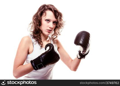 Martial arts. Sport boxer woman in black gloves. Fitness girl training kick boxing isolated on white. Studio shot.