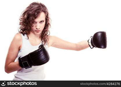 Martial arts. Sport boxer woman in black gloves. Fitness girl training kick boxing isolated on white. Studio shot.