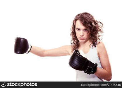 Martial arts. Sport boxer woman in black gloves. Fitness girl training kick boxing isolated on white. Studio shot.