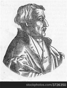 Martin Bucer (1491 ? 1551), a Protestant reformer based in Strasbourg who influenced Lutheran, Calvinist, and Anglican doctrines and practices, from an original woodcut of Reusner, published in Life of Luther by Julius Kostlin, 1900