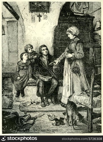 "Martin Luther as a chorister in the home of Frau Cotta, Germany. Original illustration from "Martin Luther" by Gustav Freytag, published by The Open Court Publishing Company, 1897"