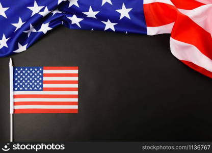 Martin luther king day, flat lay top view, American flag democracy on black background with copy space for your text