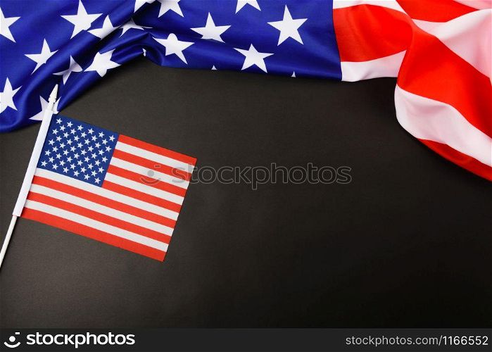 Martin luther king day, flat lay top view, American flag democracy on black background with copy space for your text