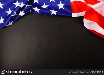 Martin luther king day, flat lay top view, American flag democracy on black background with copy space for your text