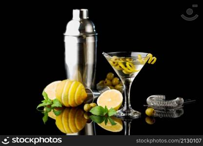 Martini vermouth drink isolated on black background.. Martini vermouth drink isolated on black background
