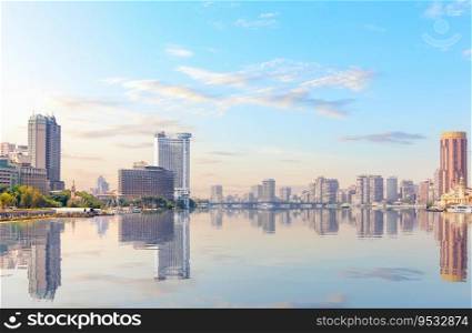 Marvelous view of the Nile and skyscrapers of Cairo downtown, Egypt.