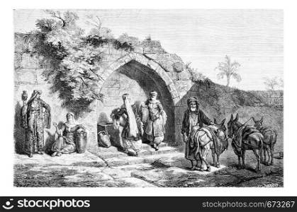 Mary?s Well in Nazareth in Israel, vintage engraved illustration. Le Tour du Monde, Travel Journal, 1881