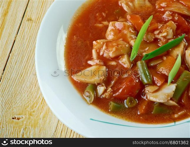 Maryland crab soup.East coast crab soup with chunky pieces of tomato, potatoes, vegetables and crab