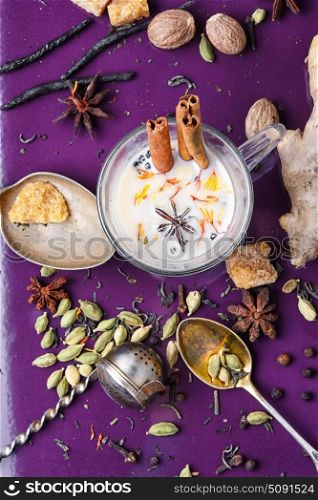 Masala tea ingredients. glass of Indian tea with milk and spicy spices