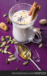 Masala tea ingredients. glass of Indian tea with milk and spicy spices