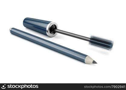 Mascara wand and eye pencil on white background