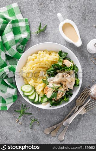 Mashed potato with grilled chicken and spinach salad