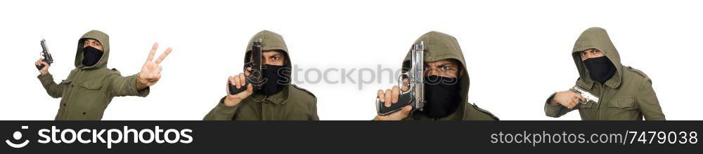 Masked man in criminal concept on white. The masked man in criminal concept on white
