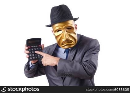 Masked man with calculator on white