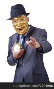Masked man with clock on white