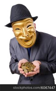 Masked man with coins on white