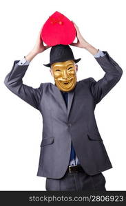 Masked man with giftbox on white