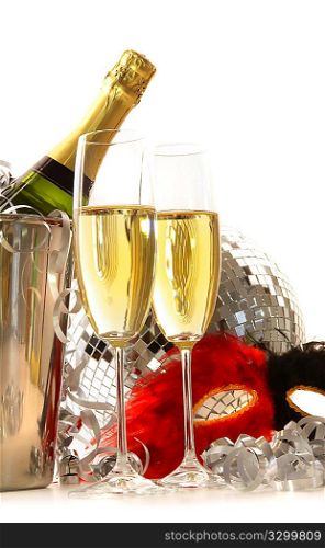 Masquerade Mask and champagne glasses on white