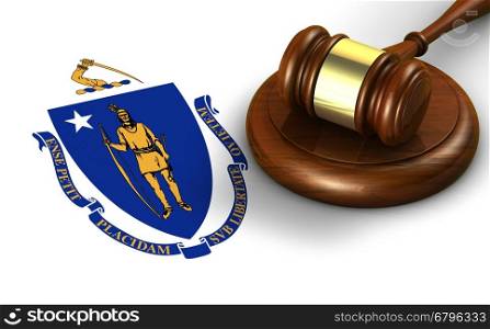 Massachusetts US state law, code, legal system and justice concept with a 3d render of a gavel on the Massachusite flag on background.