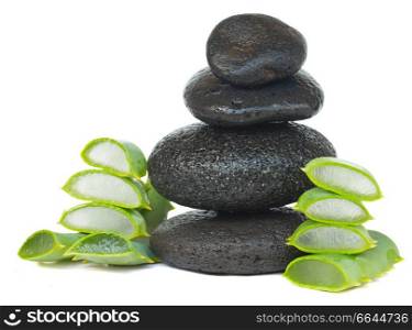 massage black stones with aloe vera isolated on white background