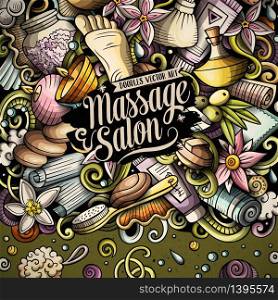 Massage hand drawn vector doodles illustration. Spa salone frame card design. Beauty elements and objects cartoon background. Bright colors funny border. All items are separated. Bathroom hand drawn vector doodles illustration. Bath room frame card design.