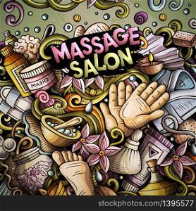 Massage hand drawn vector doodles illustration. Spa salone frame card design. Beauty elements and objects cartoon background. Bright colors funny border. All items are separated. Bathroom hand drawn vector doodles illustration. Bath room frame card design.