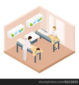 Massage Room Isometric Illustration . Massage room with equipment couple and massage specialists isometric vector illustration