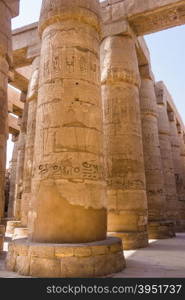 massive columns. Luxor, Egypt. old egypt hieroglyphs carved on the stone