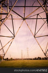 Massive power lines stretch into the distance