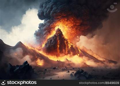 Massive volcanic eruption. Boiling lava flows from the crater. Smoke rises from the volcano. A natural phenomenon created with Generative Ai technology