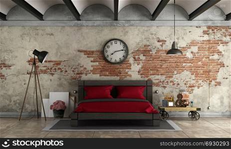 Master bedroom in industrial style. Master bedroom in industrial style with black double bad - 3d rendering