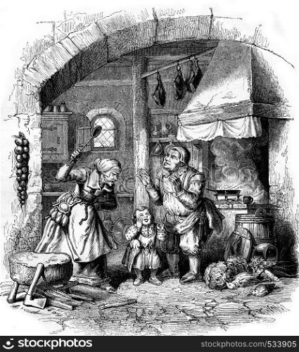 Master block in his household, vintage engraved illustration. Magasin Pittoresque 1853.
