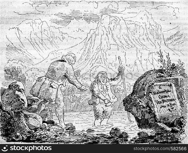 Master, I'm burning! Discover the source of the baths of Lavey (Switzerland), vintage engraved illustration. Magasin Pittoresque 1882.