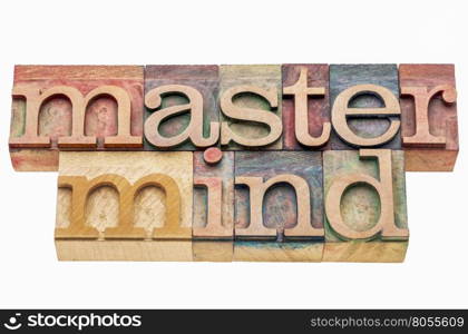 master mind banner in letterpress wood type printing blocks isolated on white