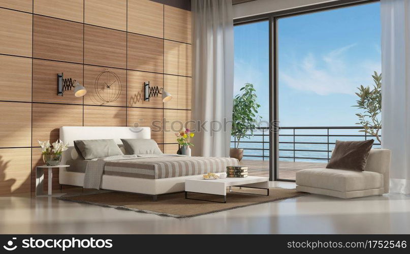 Mastre bedroom with terrace overlooking the sea and double bed against wooden paneling - 3d rendering. Mastre bedroom with terrace overlooking the sea