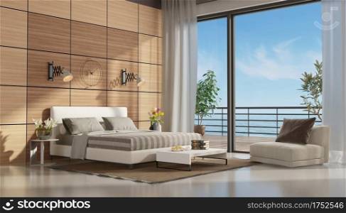 Mastre bedroom with terrace overlooking the sea and double bed against wooden paneling - 3d rendering. Mastre bedroom with terrace overlooking the sea