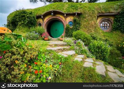 Matamata, New Zealand - Dec 11, 2016: Hobbiton movie set created for filming The Lord of the Rings and The Hobbit movies in North Island of New Zealand. It is opened for tourist who visit New Zealand.