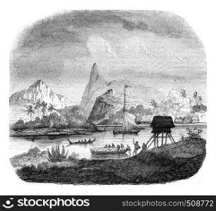 Matavai Bay, vintage engraved illustration. Magasin Pittoresque 1843.