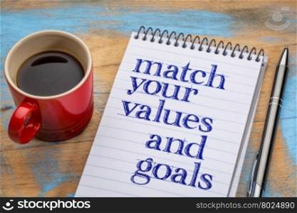 Match your values and goals - inspirational advice or reminder in a spiral notebook with a cup of coffee