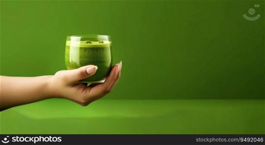 Matcha Tea In Glass Cup In Hand On Green Background with copy space for text