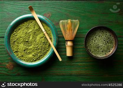 Matcha tea powder bamboo whisk chasen and spoon for japanese ceremony