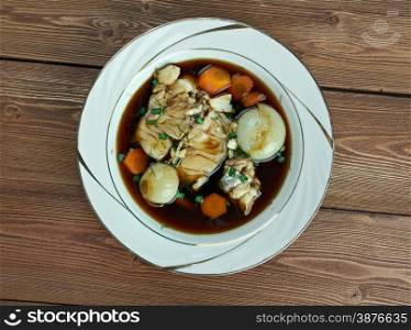 Matelote - French dish of fish with wine sauce.
