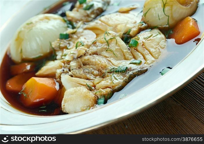 Matelote - French dish of fish with wine sauce.
