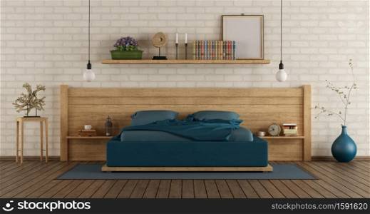 Mater bedroom with wooden duoble bed against white brickwall - 3d rendering. Mater bedroom with wooden duoble bed