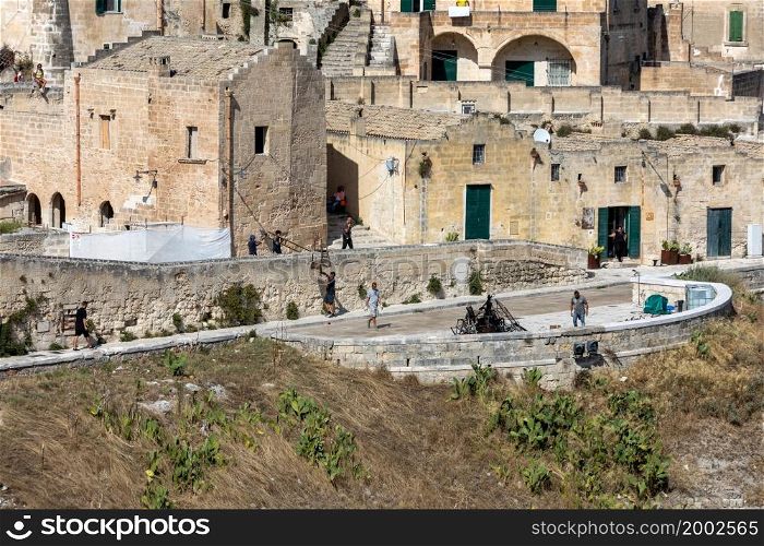 "Matera, Italy - September 15, 2019: Bond 25. Setting the scenery for car chase scenes from the movie "No Time to Die" in Sassi, Matera, Italy.. Bond 25. Setting the scenery for car chase scenes from the movie "No Time to Die" in Sassi, Matera, Italy."