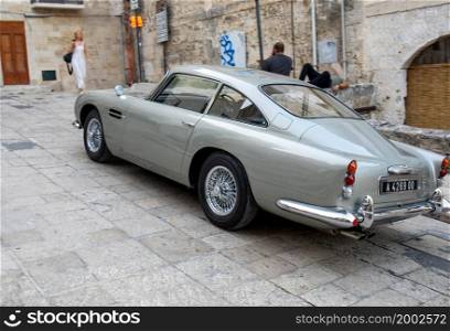 Matera, Italy - September 17, 2019: the Aston Martin DB5 used on the set of the latest James Bond movie &rsquo;No time to die&rsquo; in Matera, Italy.. the Aston Martin DB5 used on the set of the latest James Bond movie &rsquo;No time to die&rsquo; in Matera, Italy.