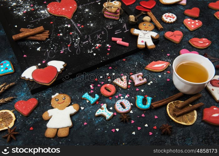 Math, gingerbreads , formula of love. Gingerbreads for Valentines Day or wedding theme.